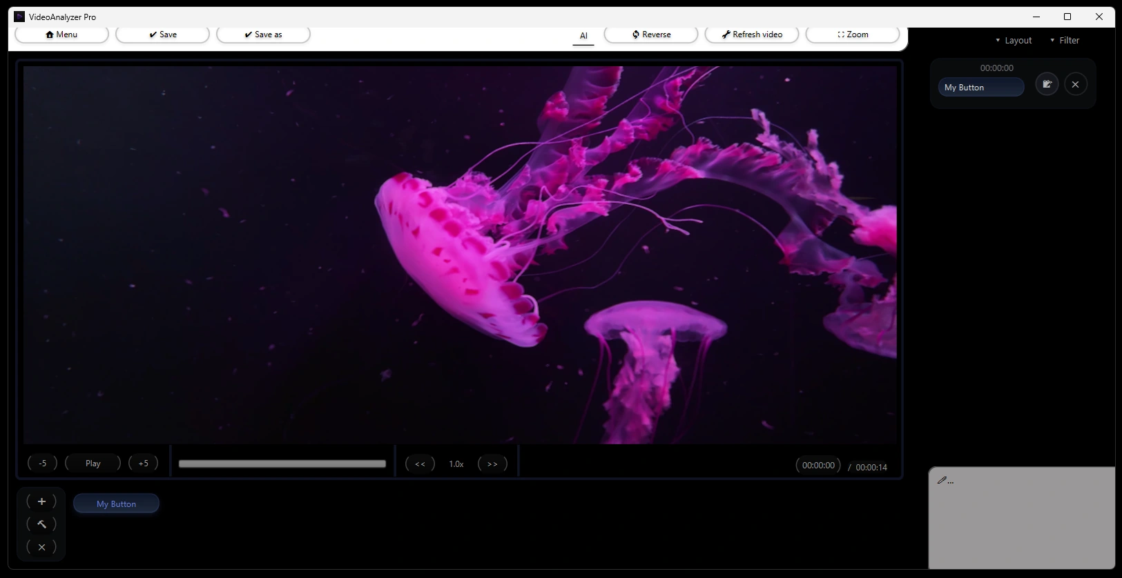 VideoAnalyzer Pro — widok aplikacji z odtwarzaczem i projektem wideo