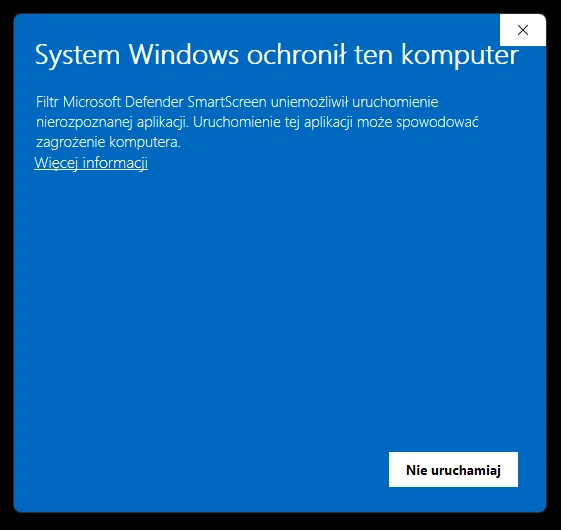 Ostrzeżenie Windows SmartScreen — krok 1